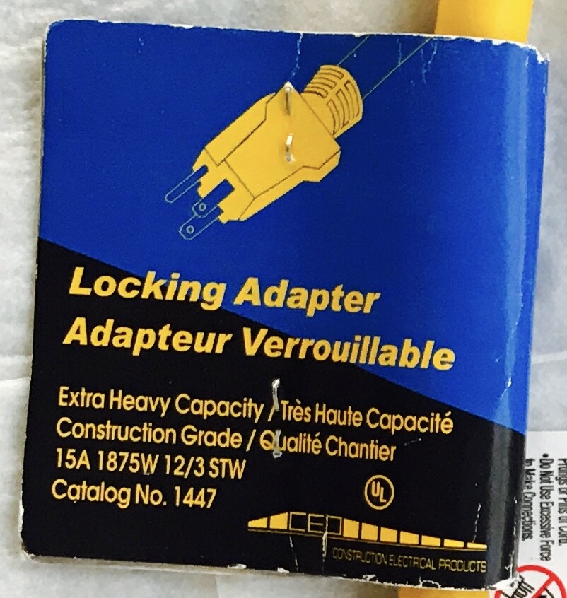 Set of 2 Electrical Locking Adapter Cords 15A 1875W 12/3STW BRAND NEW!!