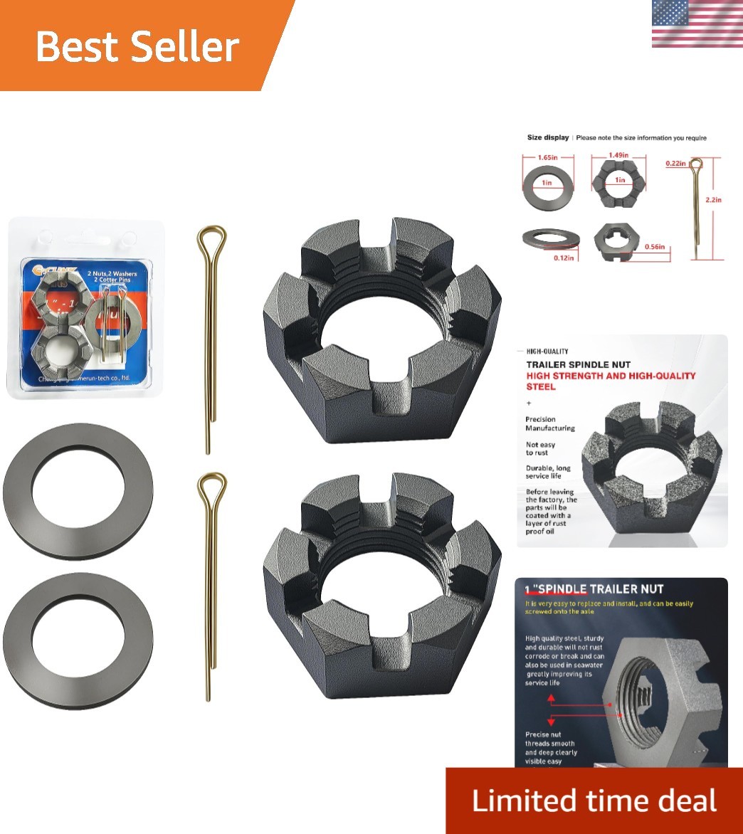 High-Strength Trailer Nut Set with 1″ Washers & 2 Cotter Pins for 1″ Spindles