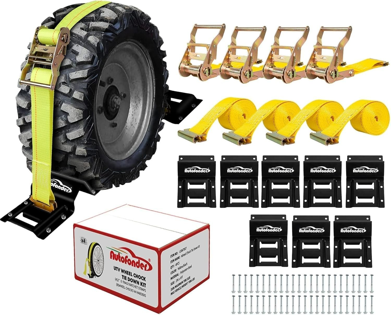 Autofonder Wheel Chock 4-Pack w/ 2x9ft E-Track Tie-Down Kit 4500lb