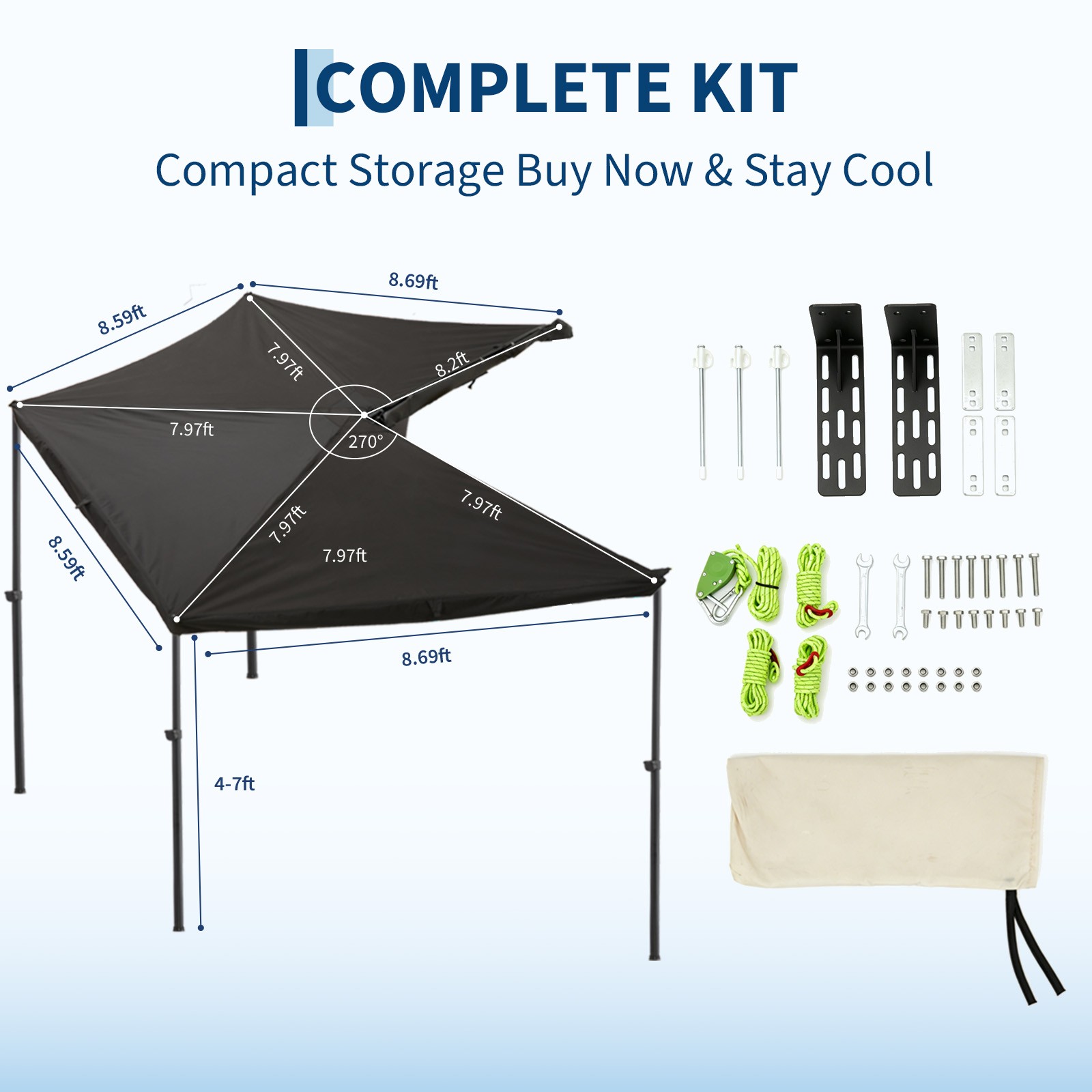 270° Vehicle Awning for SUV Truck 280G Ripstop Oxford Side Rack Camping Shade