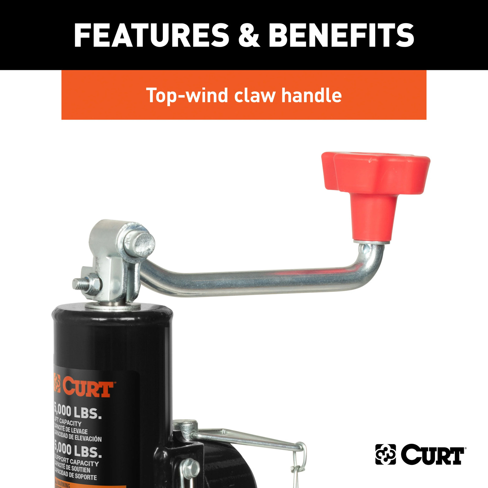 Pipe-Mount Swivel Trailer Jack Tongue Jack Top Handle, 5K lbs, 10″ Travel CURT
