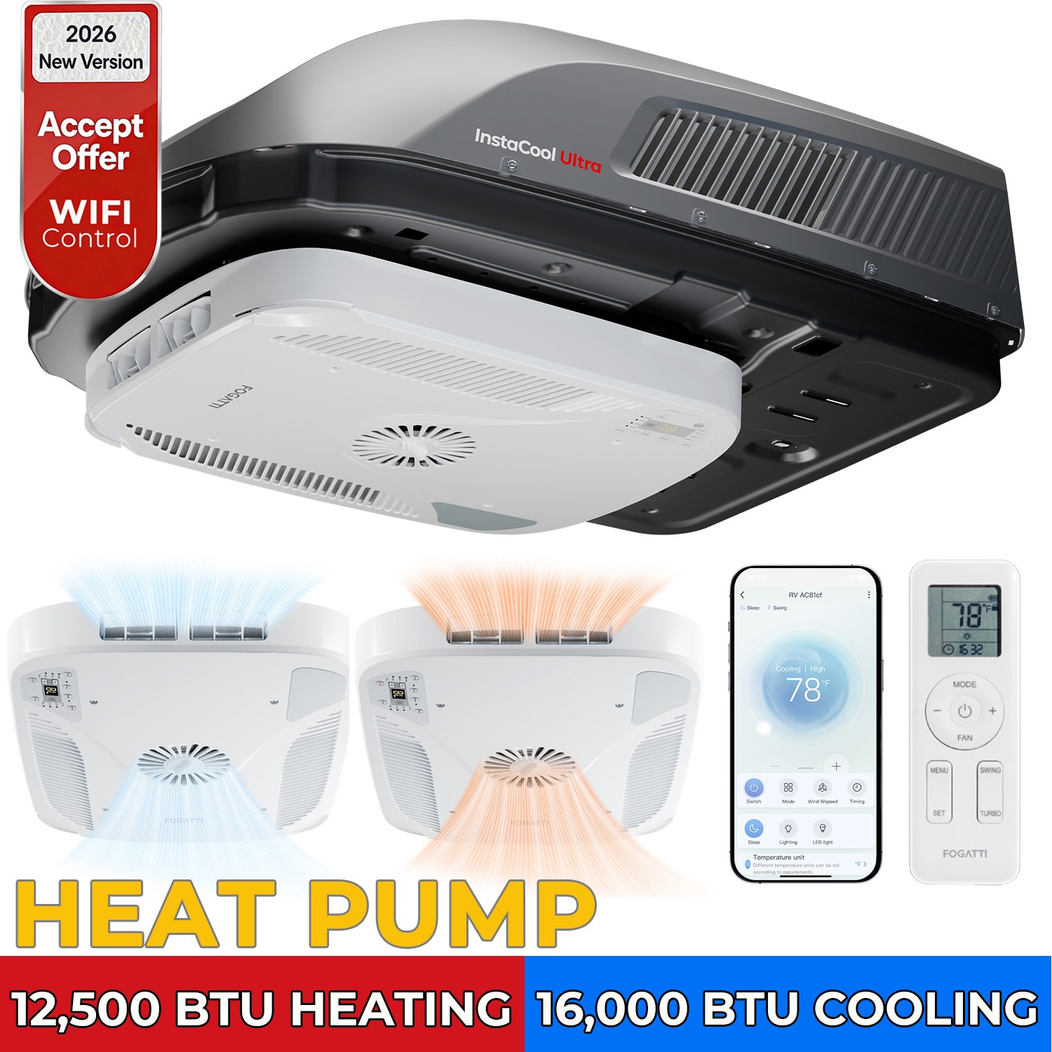 Heat Pump RV Air Conditioner 16K BTU Rooftop Camper AC Unit 43 dB Ultra Quiet