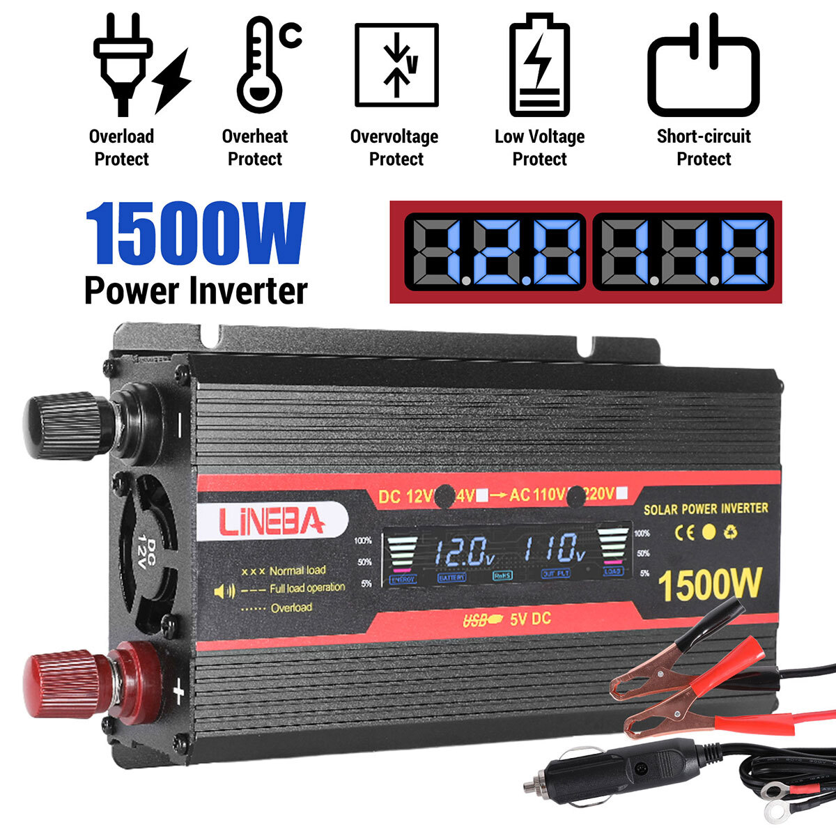 5000W 2500W 1500W Car Power Inverter DC 12V To AC 110V 120V Adapter Converter US