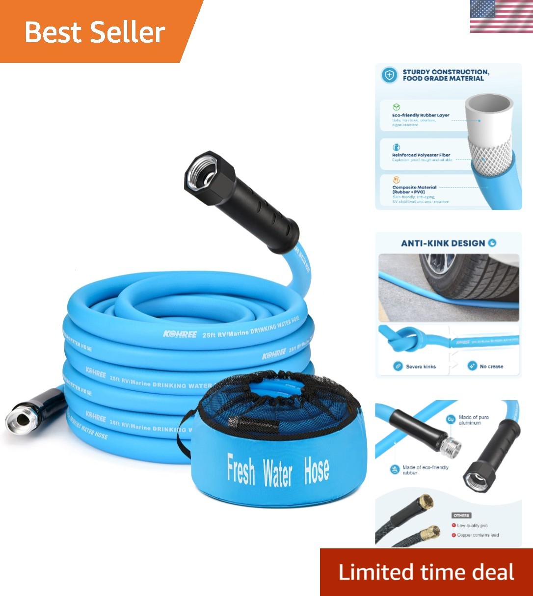 25FT RV Water Hose – Safe Drinking Water, Kink-Free and Durable Blue