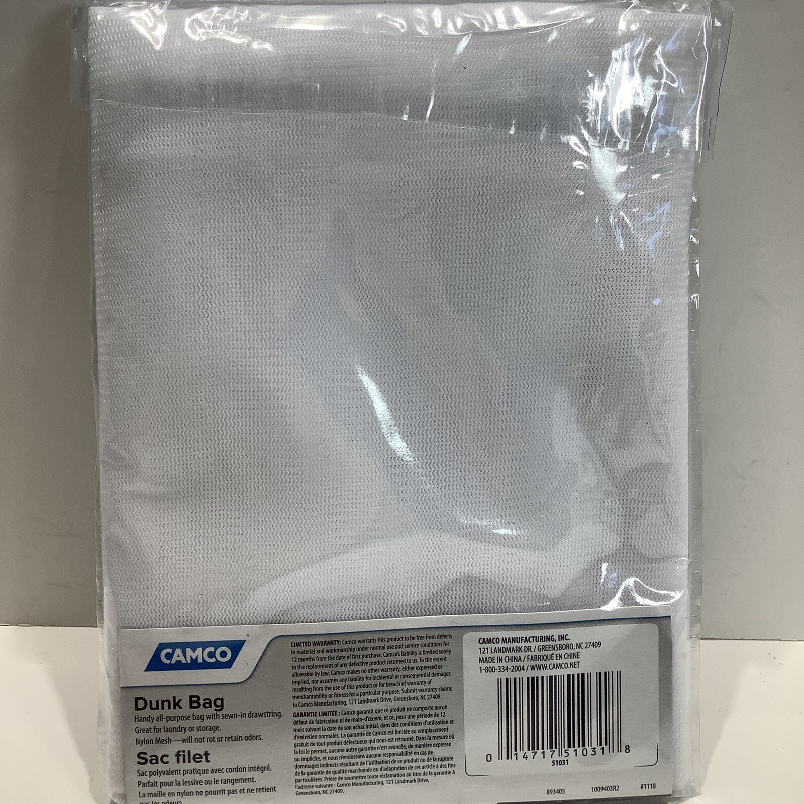 Camco 51031 Camping Essentials 19″ x 22″ Nylon Mesh Dunk Bag, New Sealed