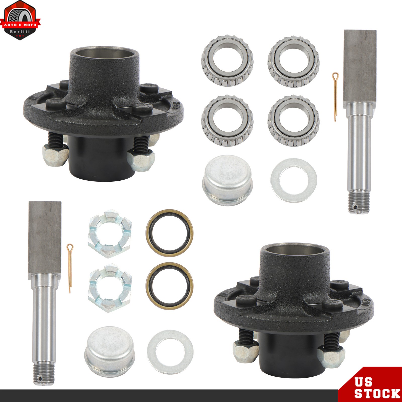2 Set 4 Lug on 4″ Bolt Circle Trailer Hub Bearing Kit and 1-1/16″ Square Spindle