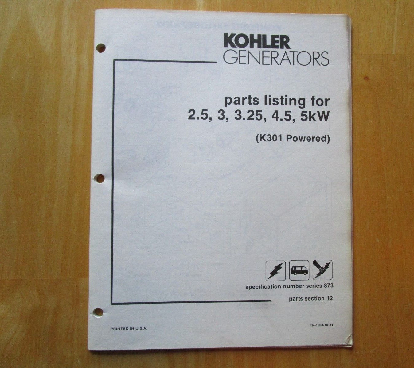 Kohler Generator 2.5, 3, 3.25, 4.5, 5kW K301 Powered Parts List Manual TP-1068