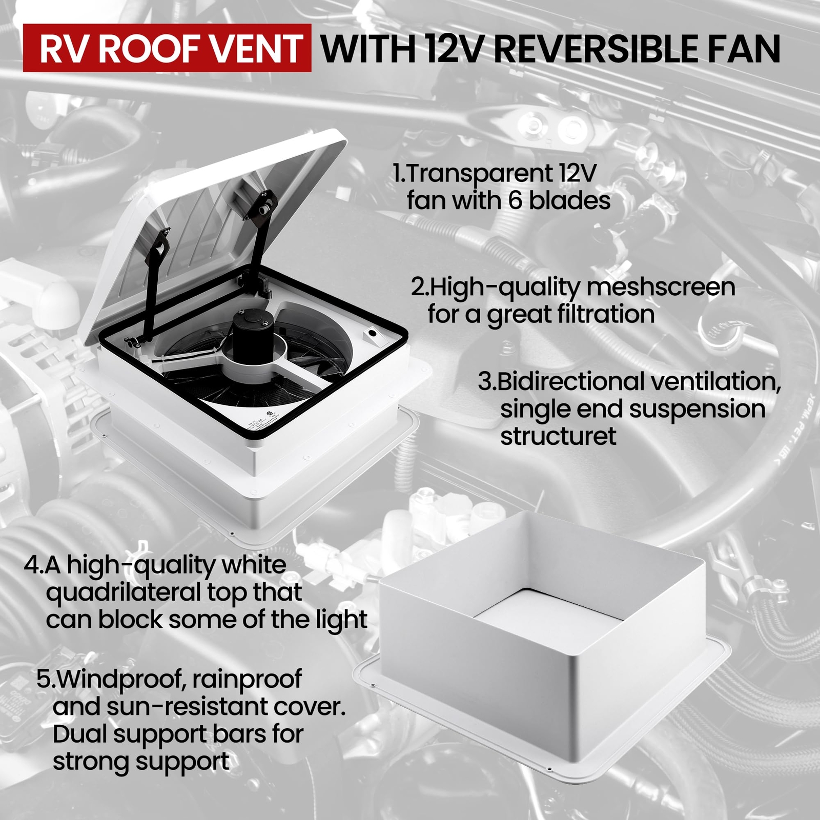 RV Roof Vent Fan 4 Speed 12V 14” Fan Reversible Touch On Off Speed Controls US