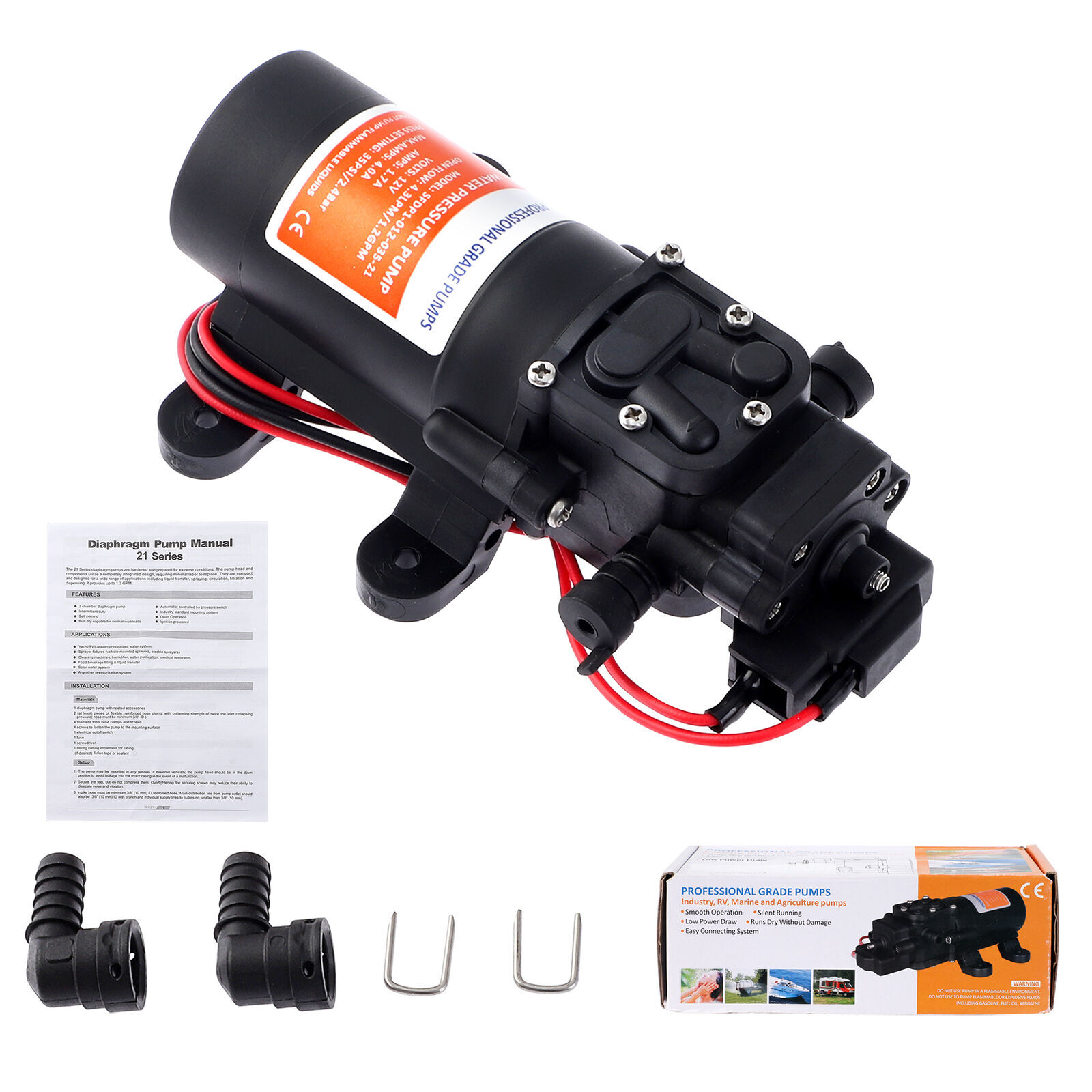 Water Pressure Diaphragm Pump 12V 4.3 L/min 1.2 GPM 35 PSI For Caravan RV Boat