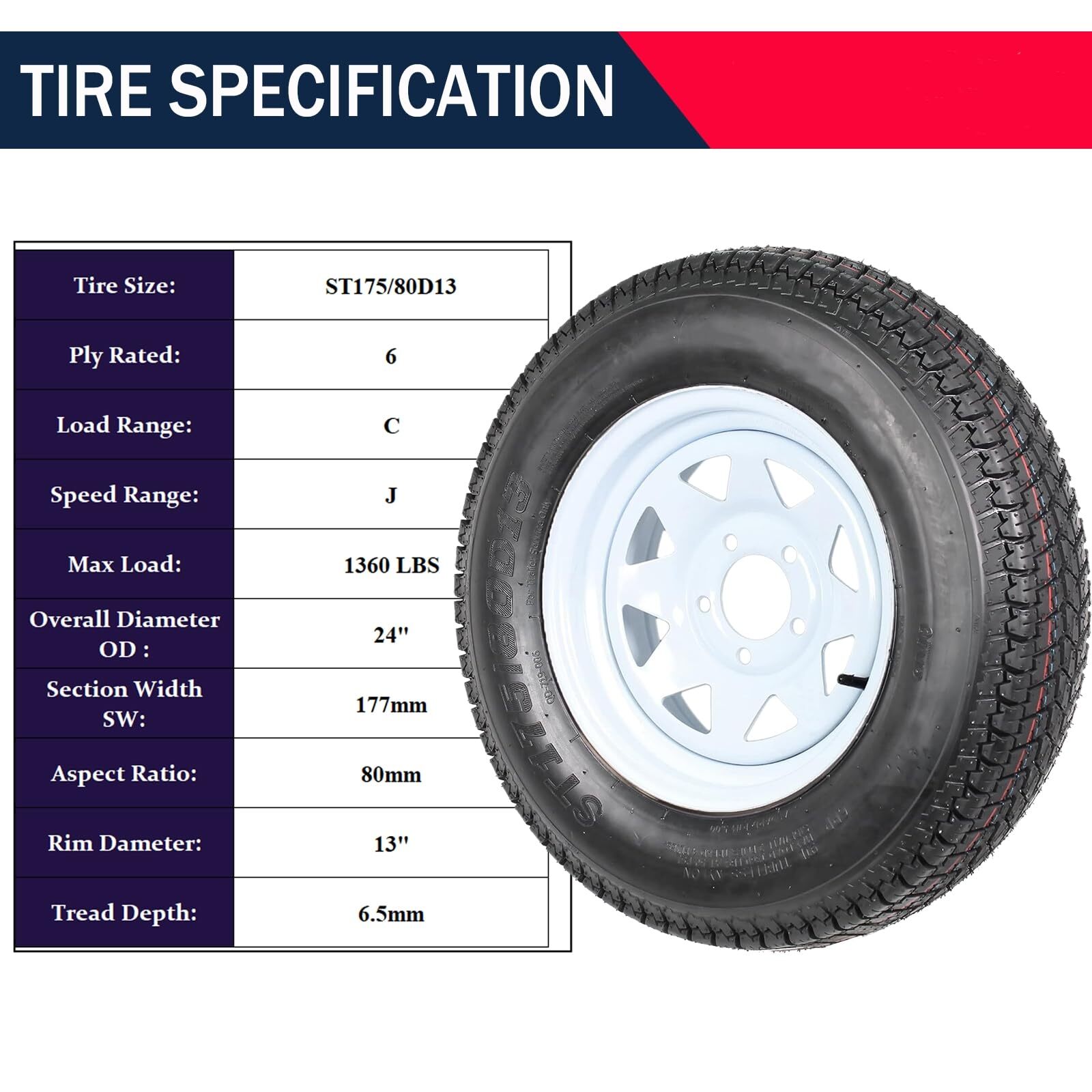 2X Trailer Tires and 13″ Rims Wheels 5 Lug on 4.5″ ST175/80D13 175 80 13 Tires