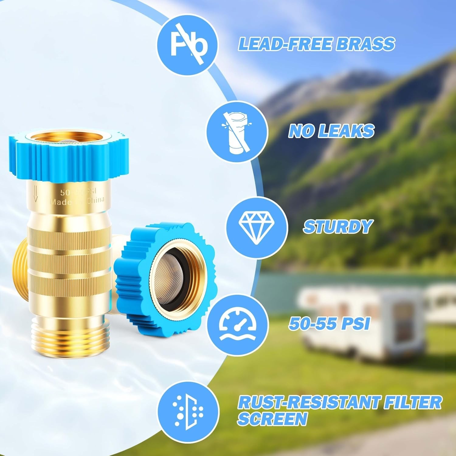 Inline Water Pressure Reducer 3/4 Inch, Universal Brass Regulator for RV Systems