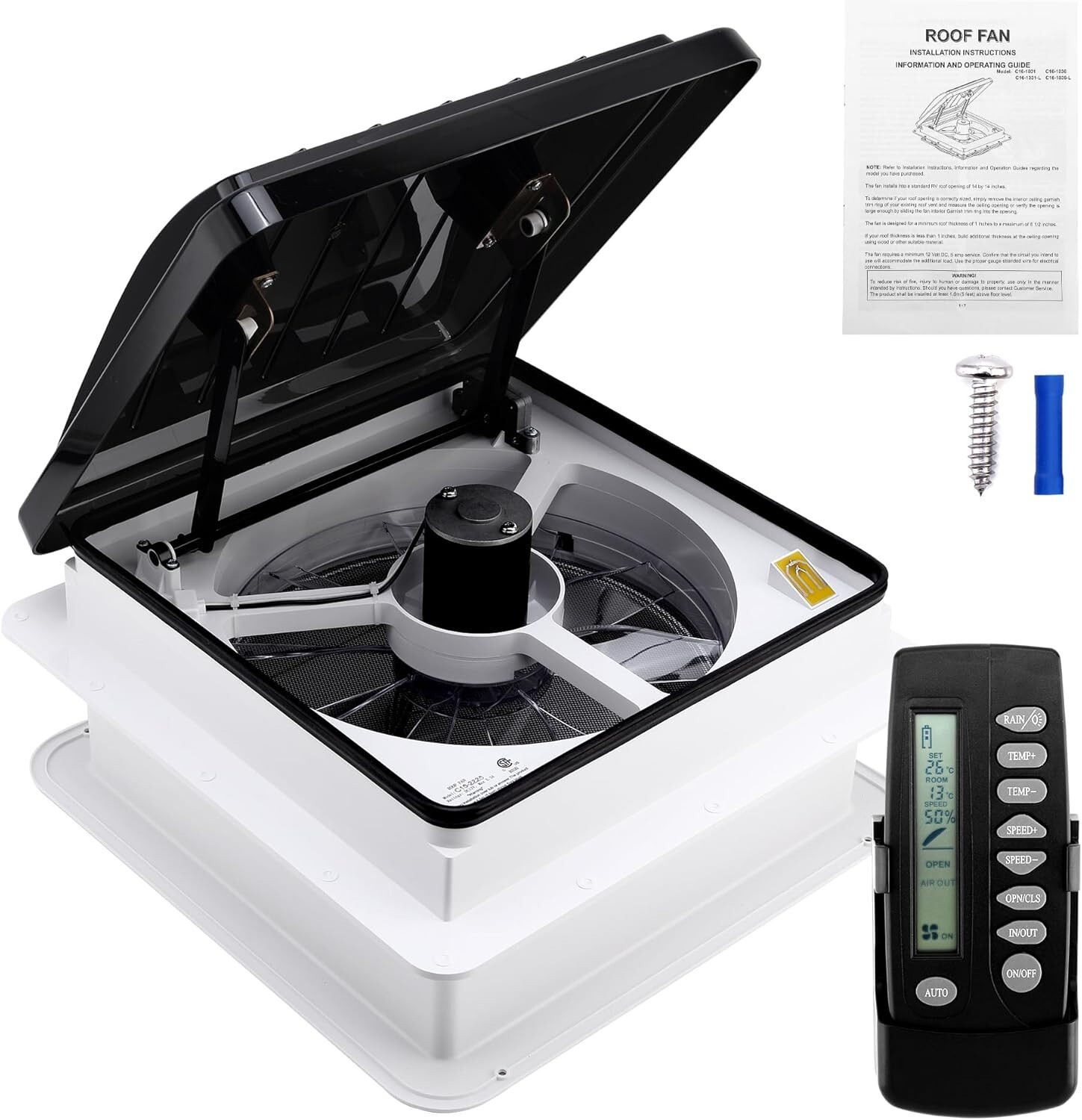 Pafessa USA 14″ RV Roof Vent Fan with Rain & Temperature Systems wRemote Control