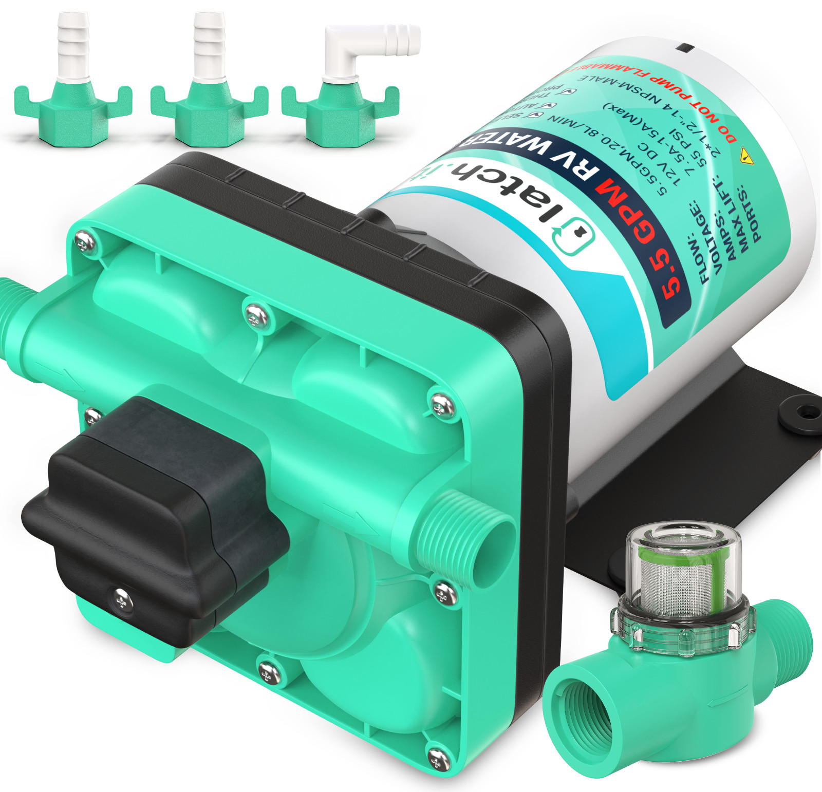 LATCH.IT RV Water Pump 12V | 5.5 GPM 55 PSI Camper Water Pump | Quiet Operation