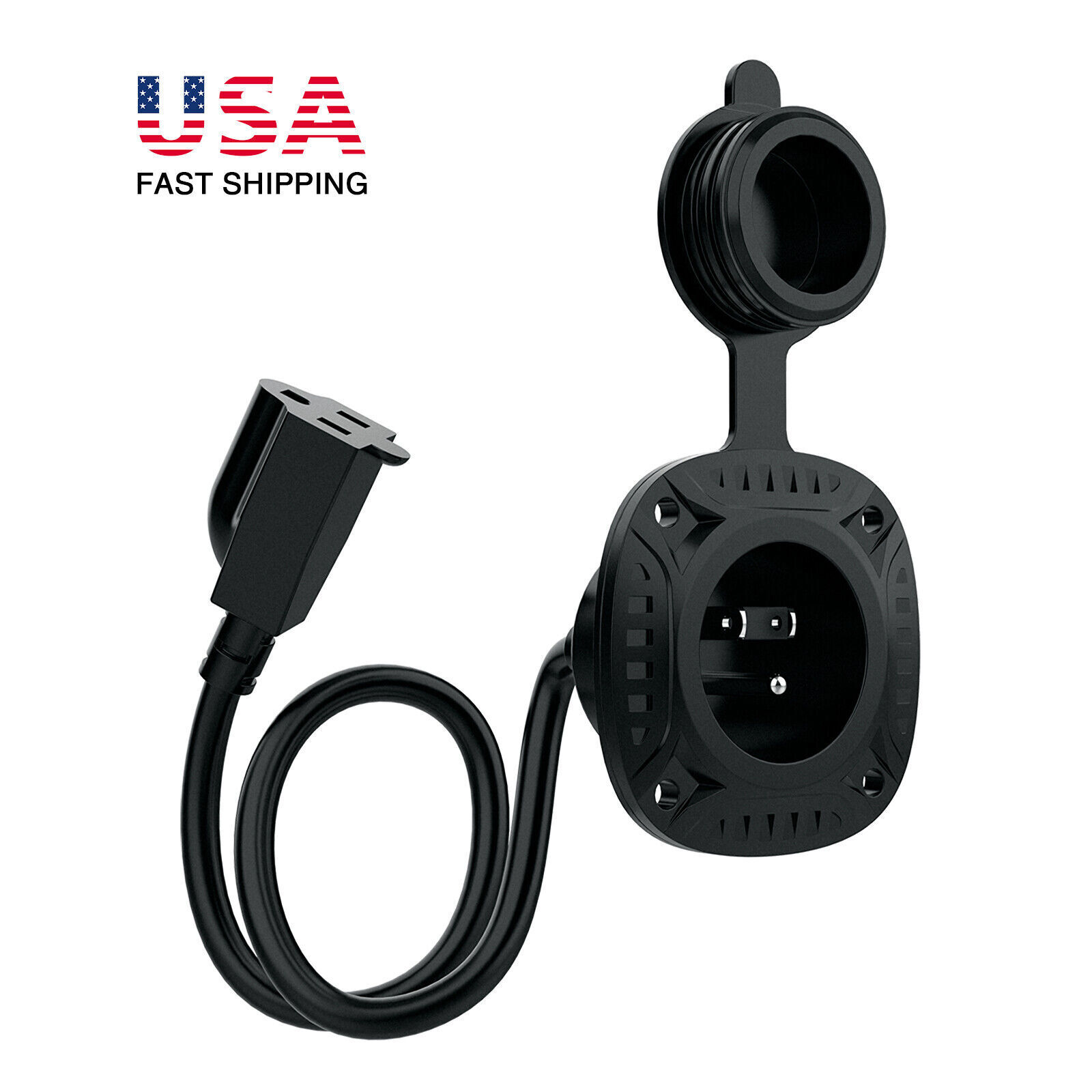 125V 13Amp RV AC Power Port Plug w/16″ Extension Cord & Water-resistant Cap USA
