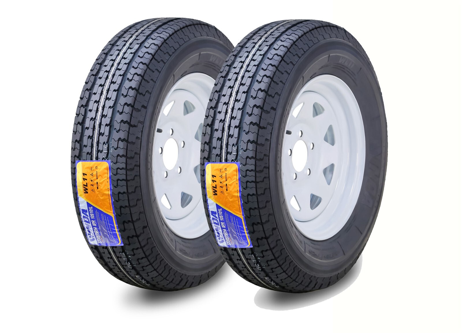 2 WINDA Trailer Tire Assembly ST205/75R14 8-Ply White Spoke Rim 5 Lug on 4.5″