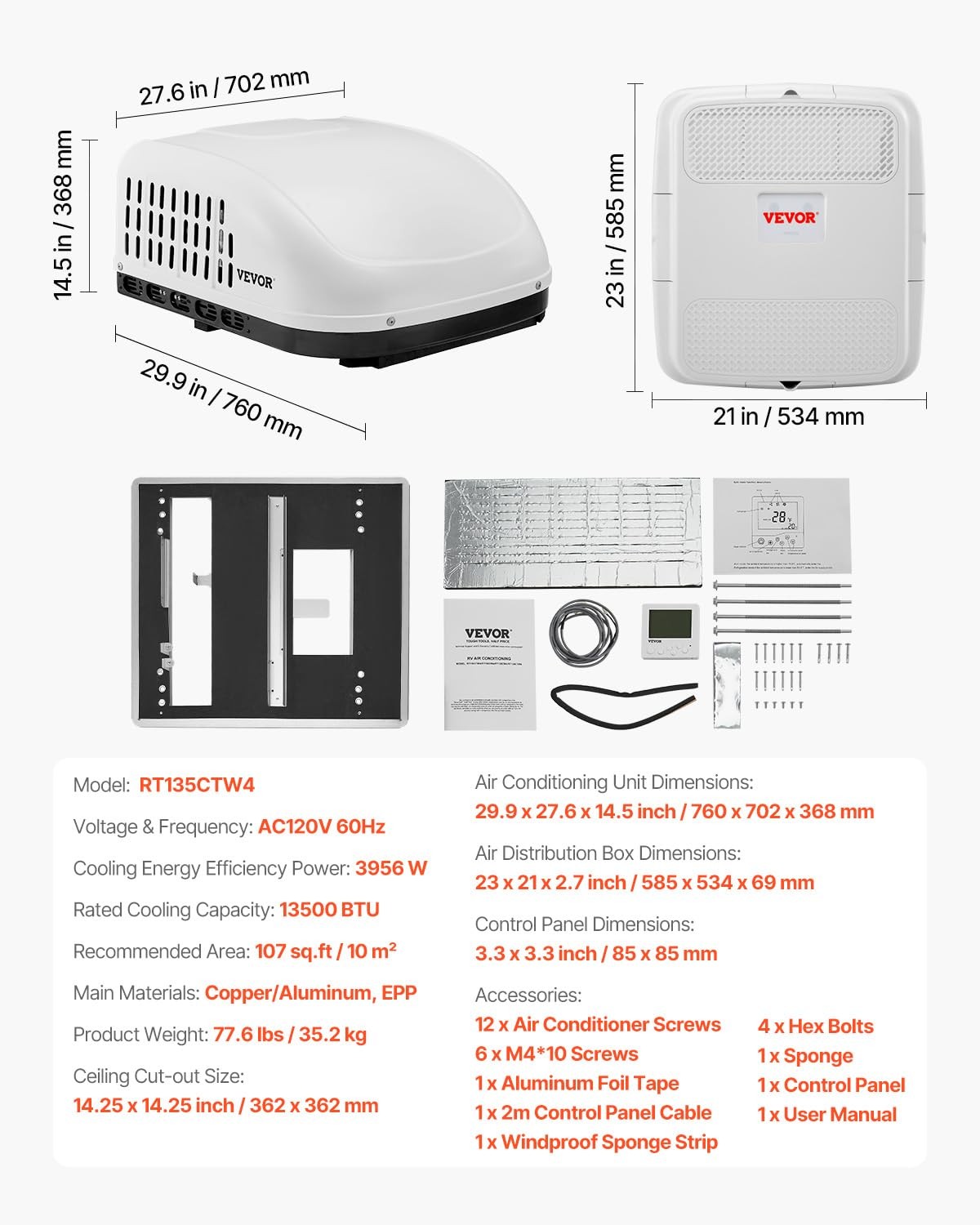 VEVOR RV Air Conditioner, 13500 BTU Non-Ducted Rooftop AC 13500BTU, White