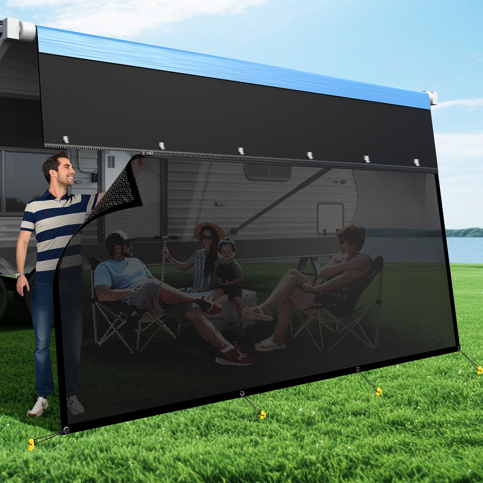 RV Awning Sun Shade Screen with Zipper, Upgrade 600D Oxford Top + 8.11oz Dens…
