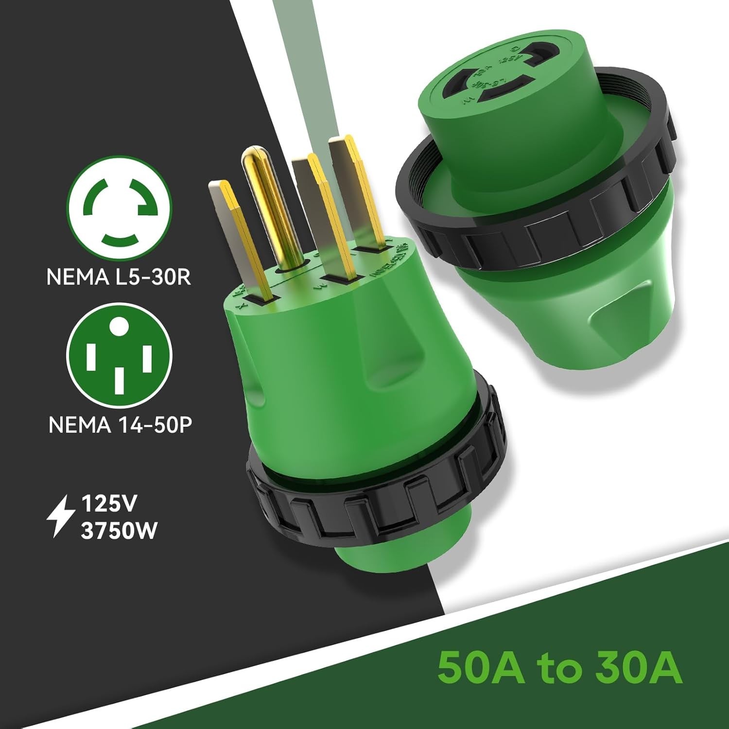 50 Amp to 30 Amp RV Power Adapter Plug with Locking Connector Green 125V NEMA…