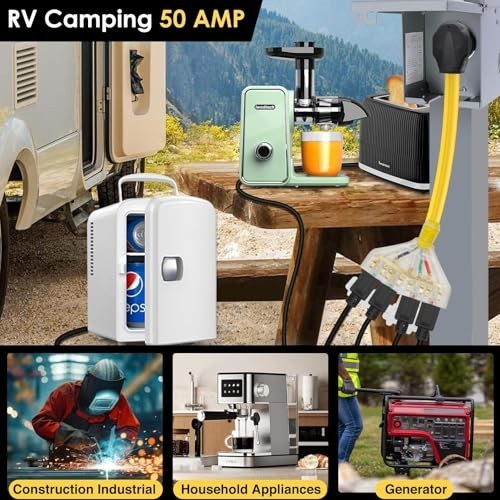 50A to 20A RV Adapter, NEMA 14-50P to 4X 5-20R, 1.5FT with Dust Caps, UL Listed