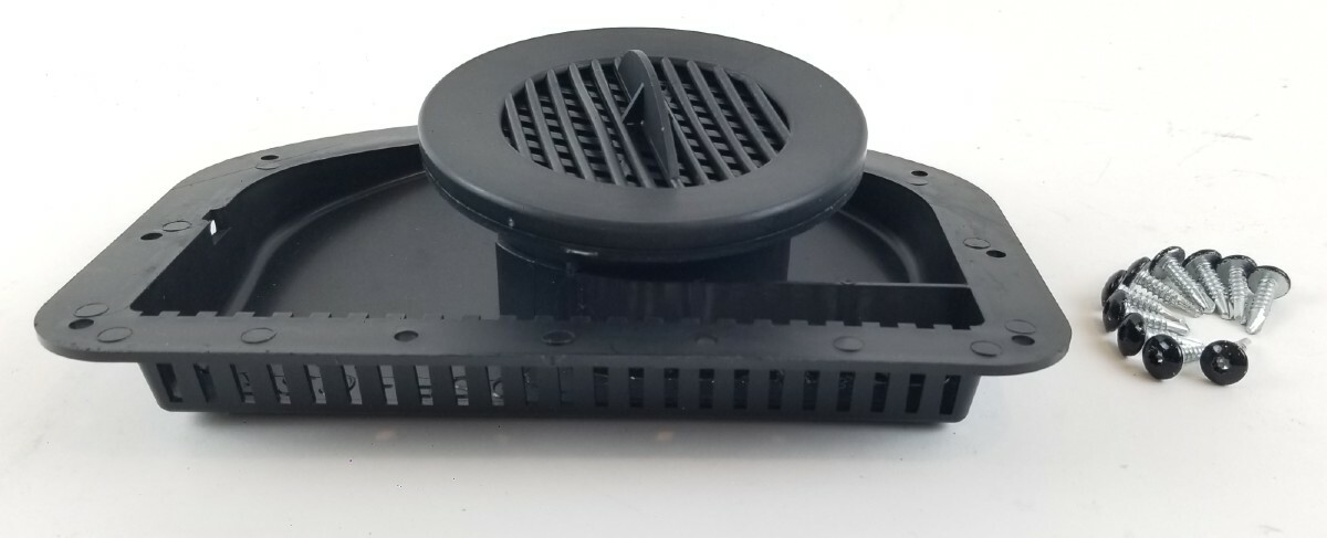 Exterior Side Wall Vent Cowl with an Interior Round Grill with Hardware- Black