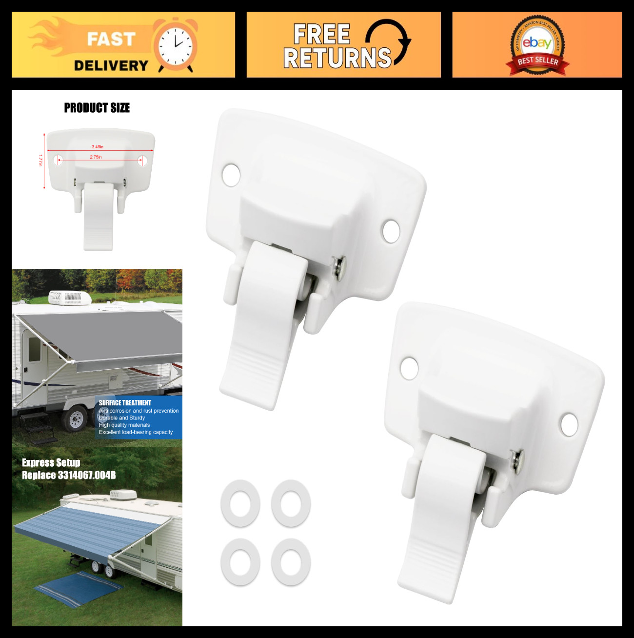 2pcs Wall Mount Bracket Kit for RV Camper Awning, Fits 3.5″x2″ Base, Easy Instal