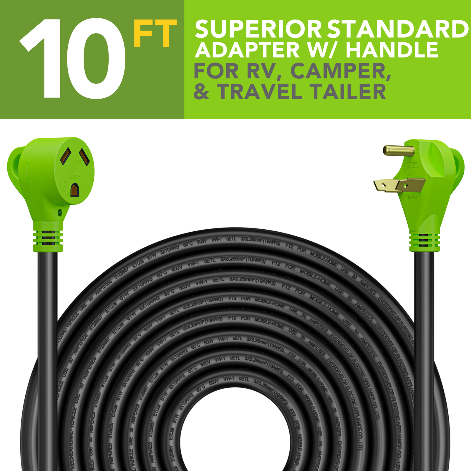 10FT Foot 30A Amp RV Extension Cord Trailer Motorhome Camper Power Supply 30 A