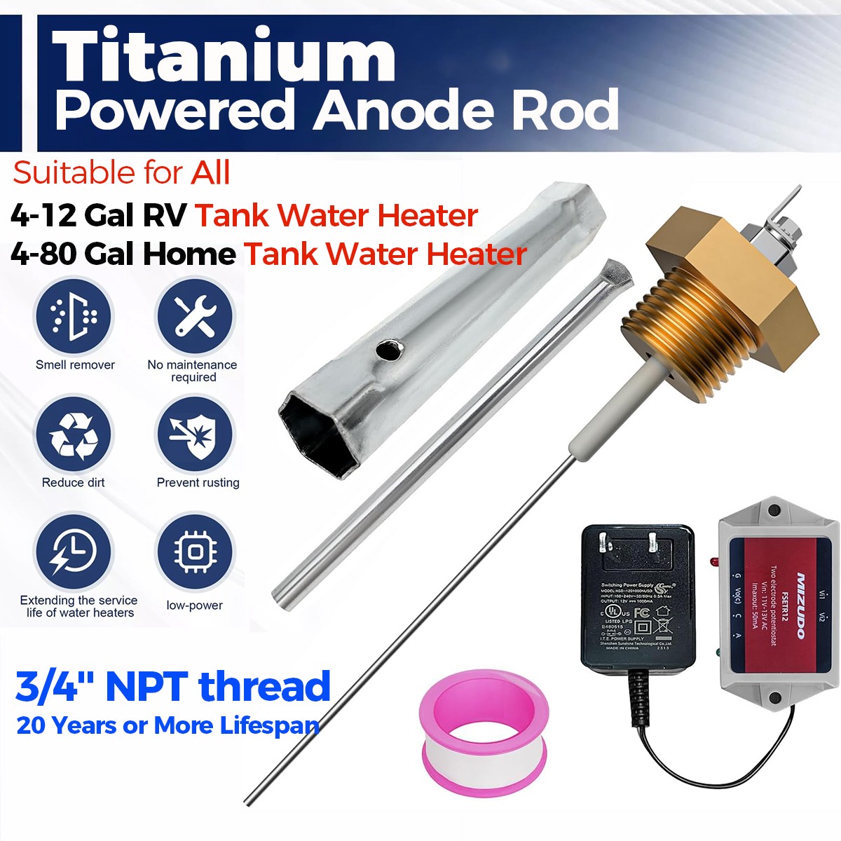 Powered Anode Rod for All RV / Home Water Heater – Stops Rotten Egg Smell