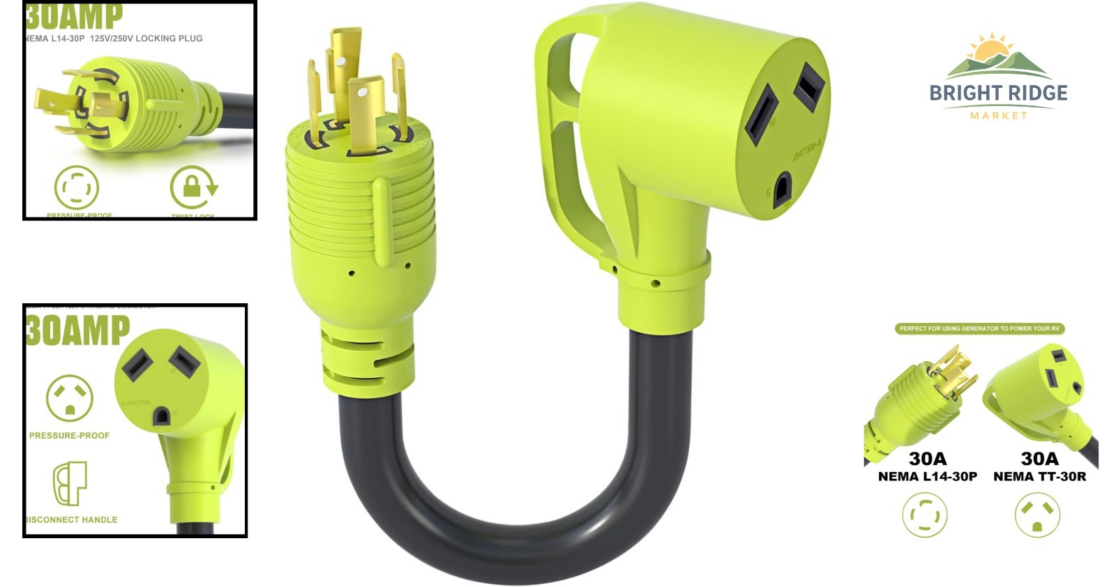 30 Amp RV Generator Adapter Cord, NEMA L14-30P to TT-30R, 12 Inch Length
