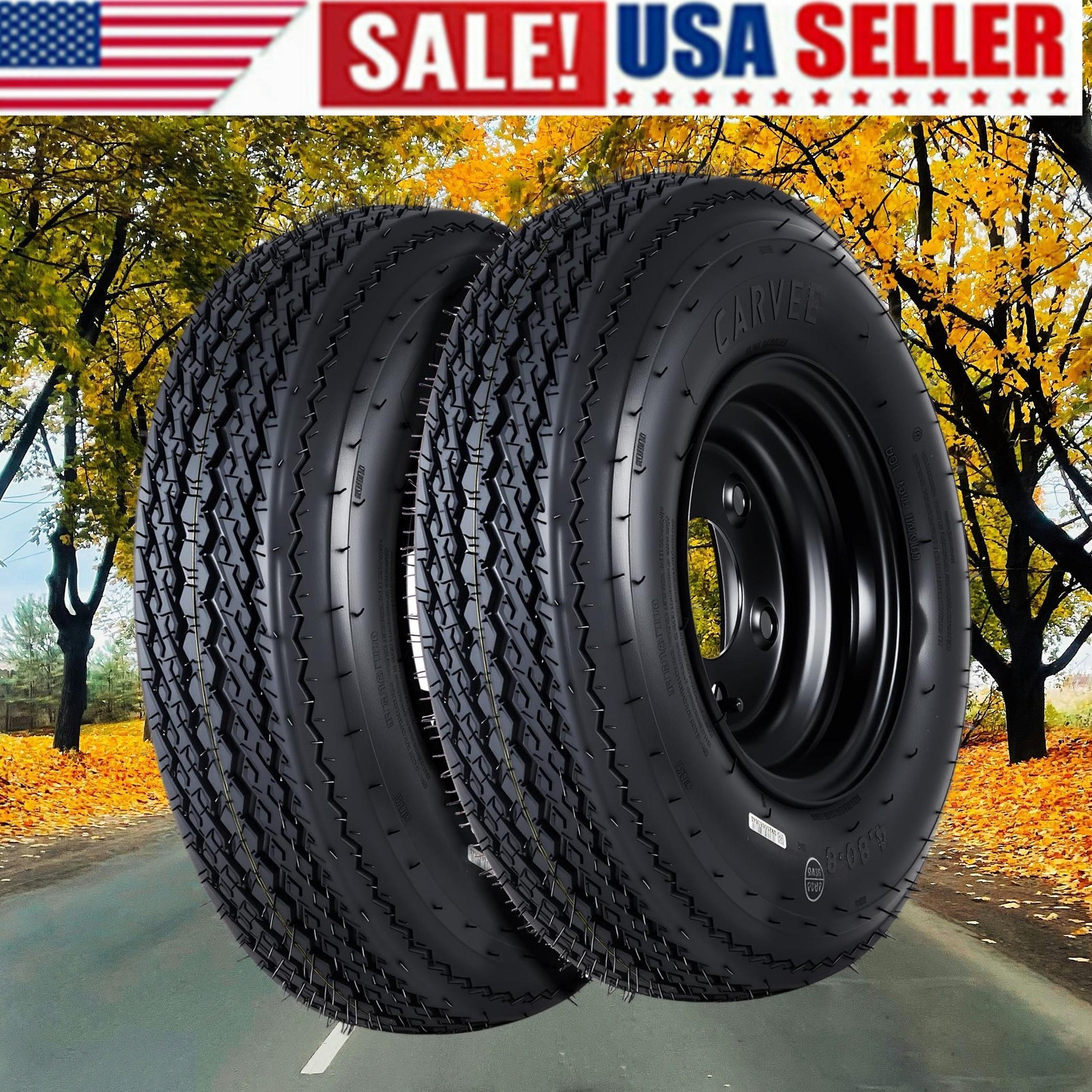 2 Pack 4.80-8 480×8 480-8 Trailer Tires w/8″ Black Rims 4 Lug on 4″ Utility Boat