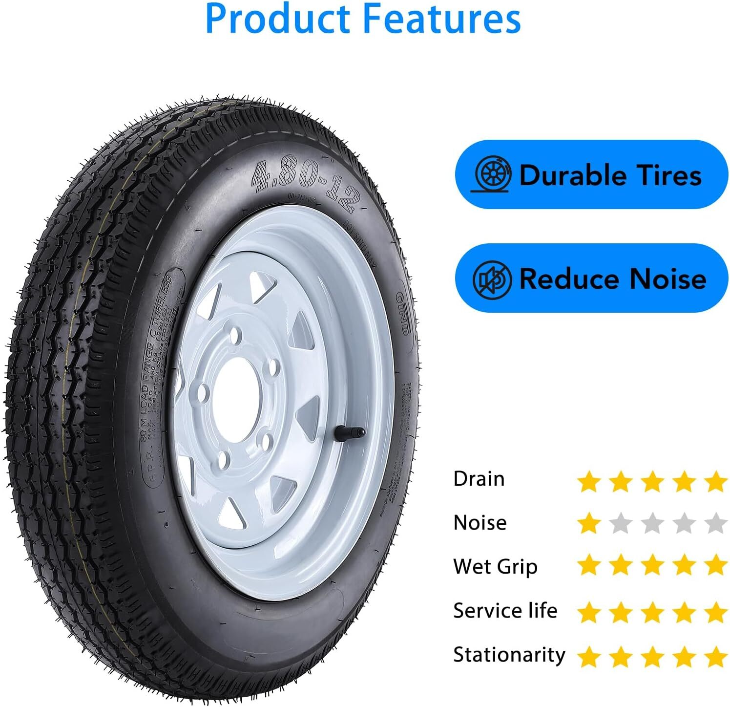 4 pack 990 Pounds 480-12 4.80-12 Trailer Tires with 12” Rims 5 Lug on 4.5” NEW