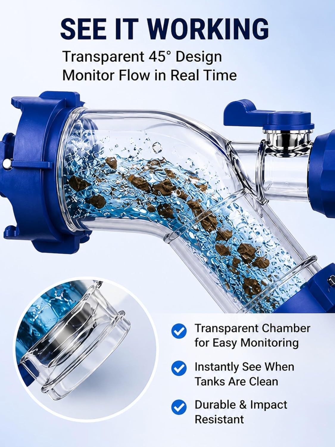 RV Tank Rinser, Clear 45 Degree RV Sewer Hose Adapter with Shut-Off Valve 3-Inch