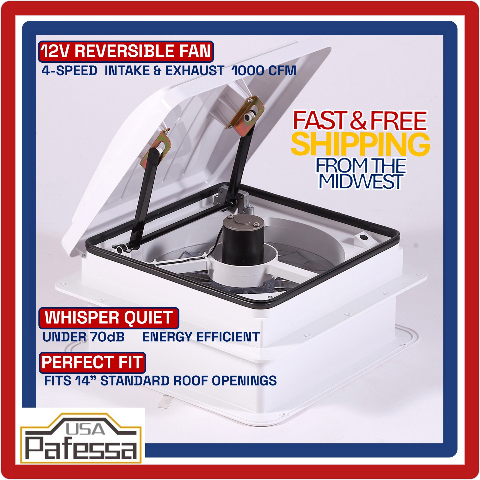 Pafessa USA 12V Touch Pad 4-Speed Reversible 14″ RV Roof Vent Manual White Dome