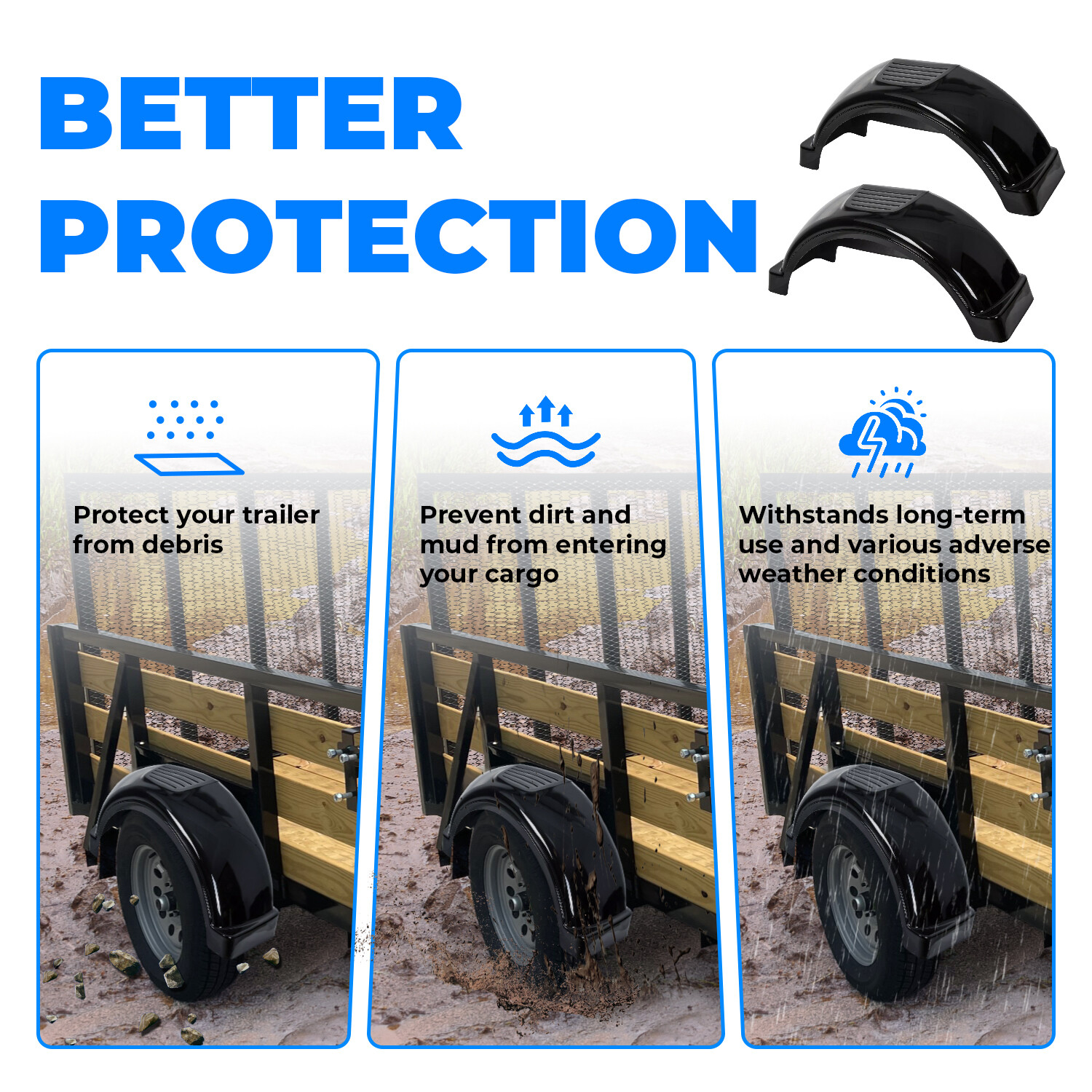 SET OF 2 (TWO) SINGLE AXLE TRAILER FENDERS 13″ WHEELS TIRES SKIRT BOAT