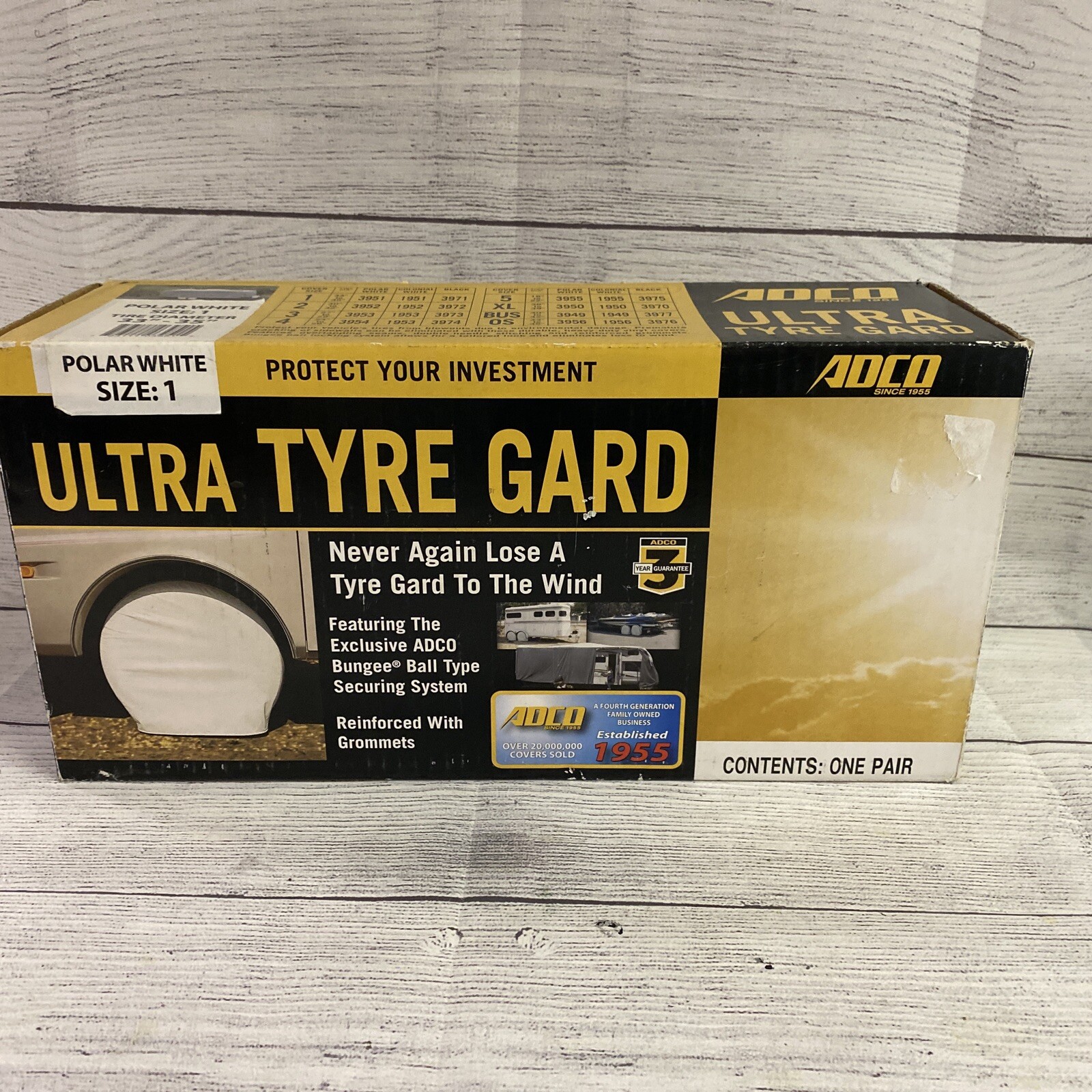 ADCO 3951 Polar White 33-35″ Size 1 RV Ultra Tyre Gard One Pair W/Bungee System!