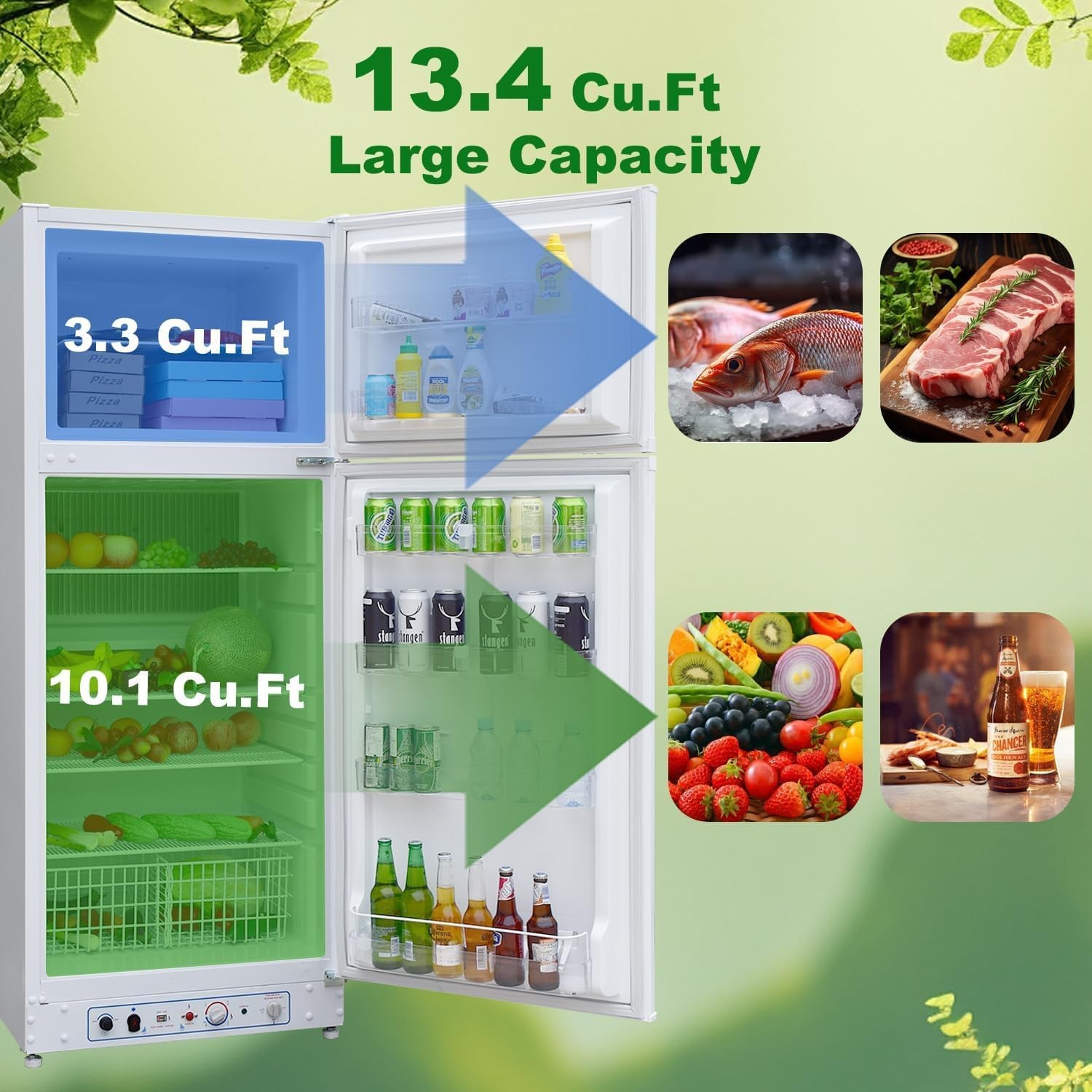 Smad Gas LPG Fridge Freezer Outdoor RV Refrigerator with freezer 13.4 Cu.Ft 110V