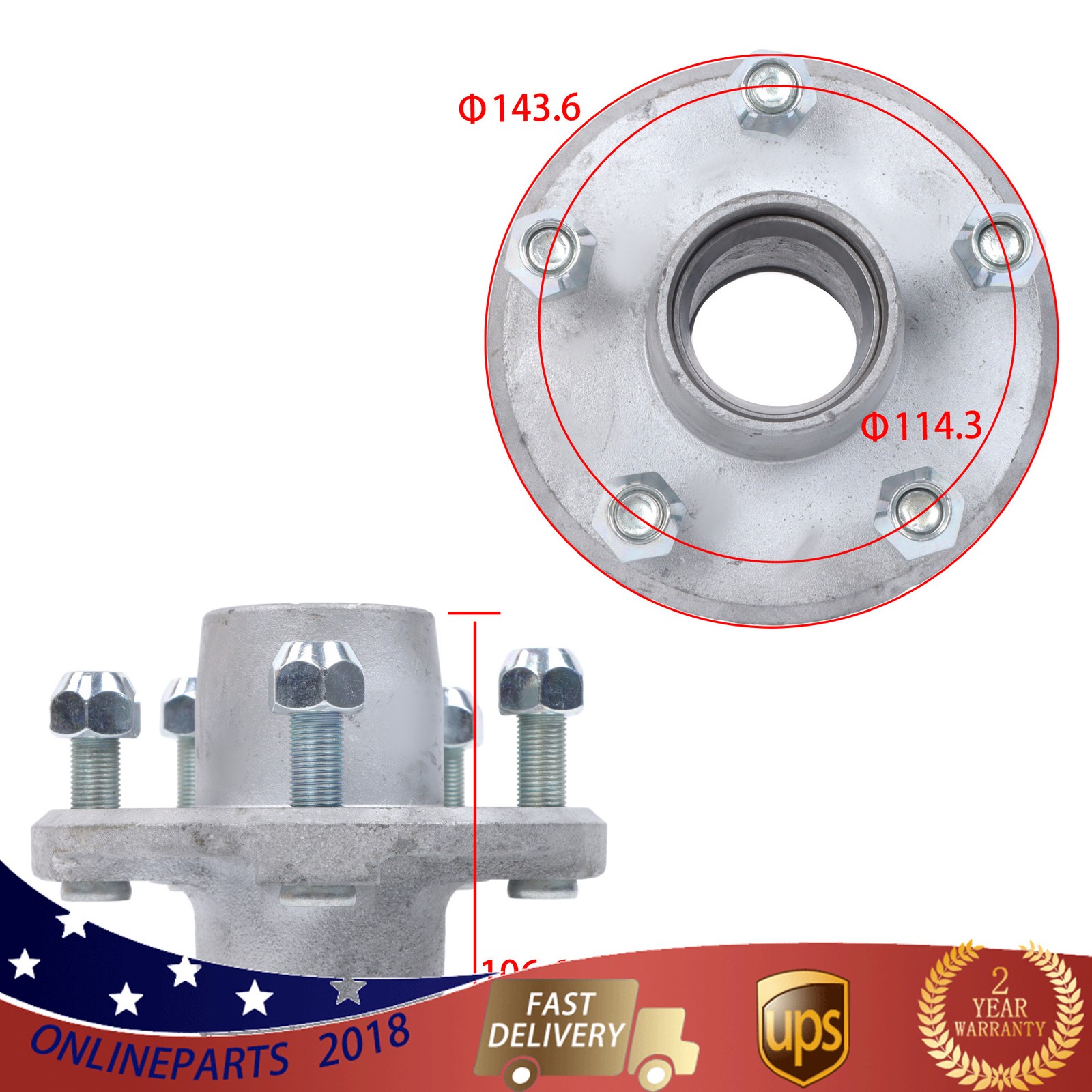 Boat Trailer Galvanized Hub 5 Lug 5 On 4 1/2″ Lug Pattern 1 1/16″(44649) Kit