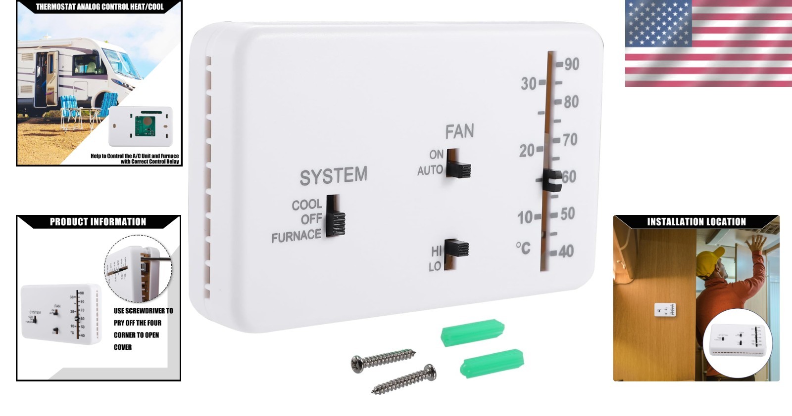 Replacement Analog Heating/Cooling Thermostat for RVs – 40-90°F Adjustable