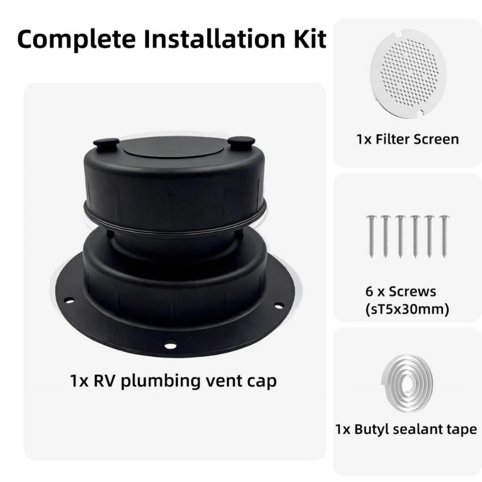 Universal RV Plumbing Vent Cap Replacement 5.3×3 Inch Black For 1-2 3/8 Pipe