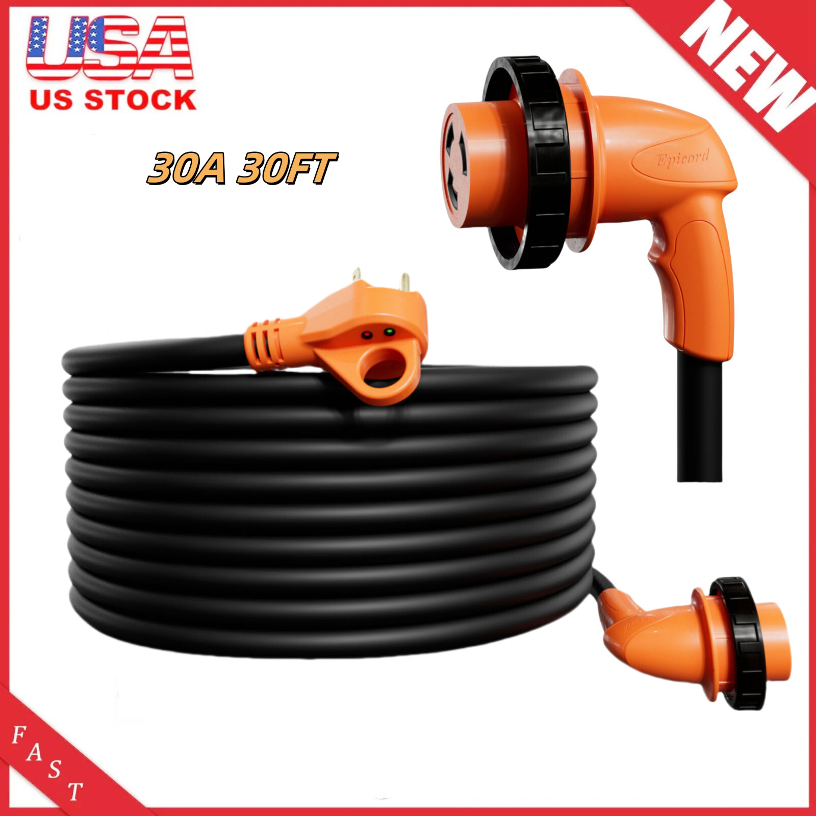 30ft 30Amp RV Power Cord Detachable Cable with LED Twist Lock Connector Wire