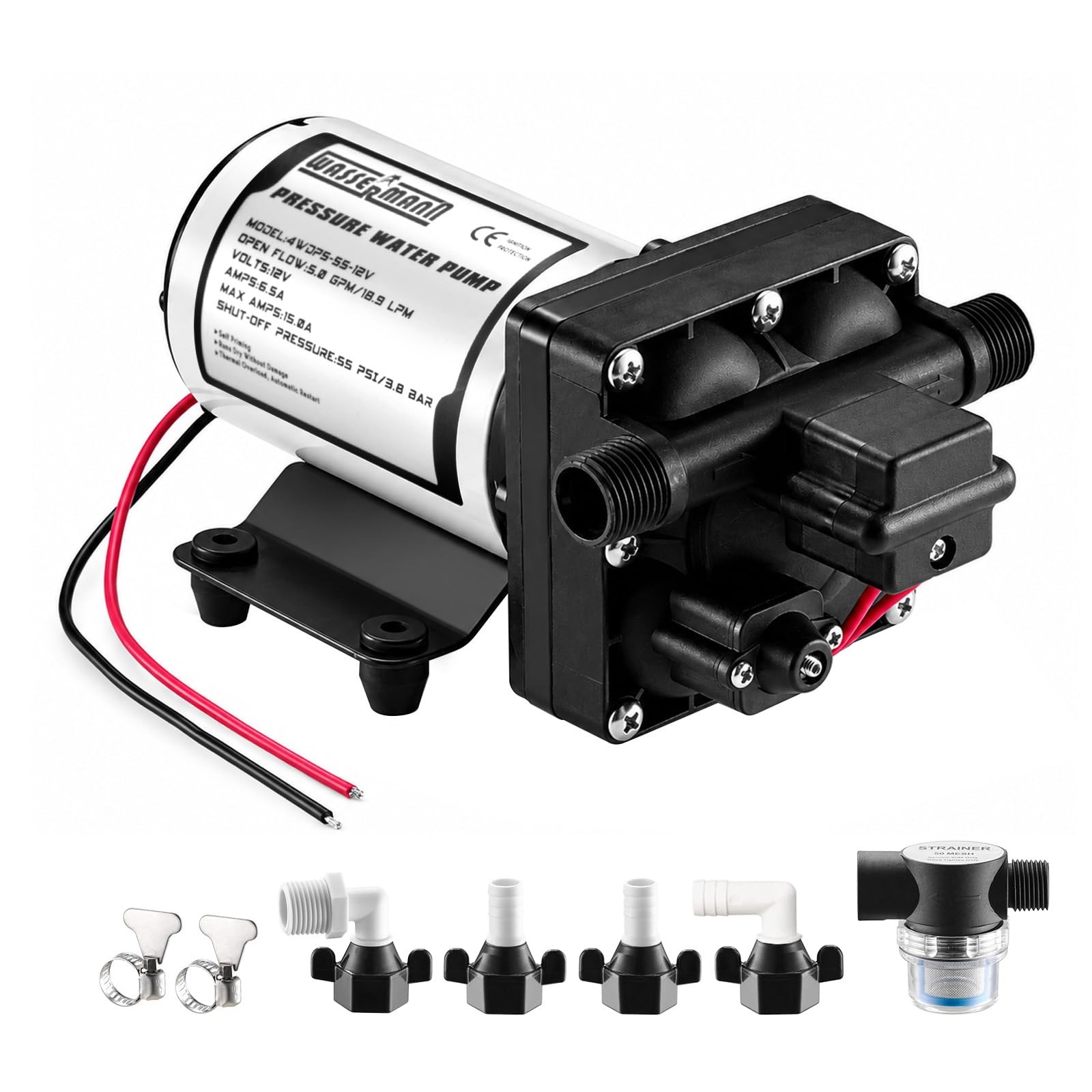 RV Water Pump 12 Volt DC 5.0GPM 55PSI 4WDP5-55-12V, Plastic