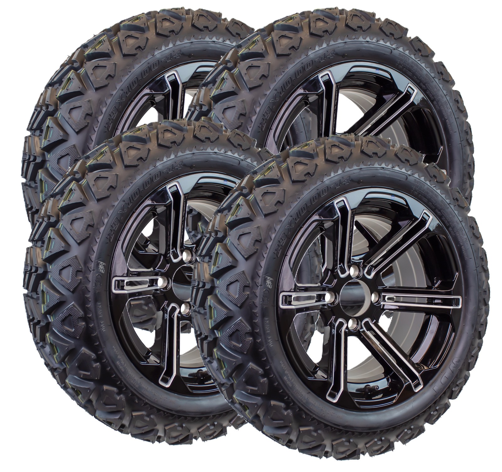 4-Pk 23X10.00-14 Golf Cart ATV Offroad Tire 14X7 Gloss Black Rim B6 All Terrain