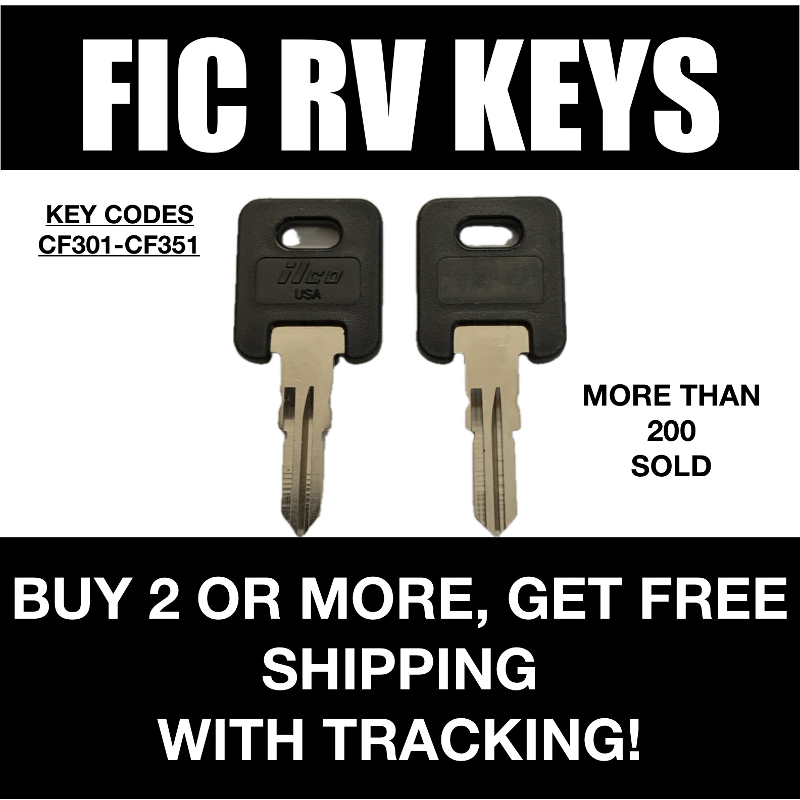 2 FIC lock keys for Camper RV Motorhome cut to code key codes CF301-CF351