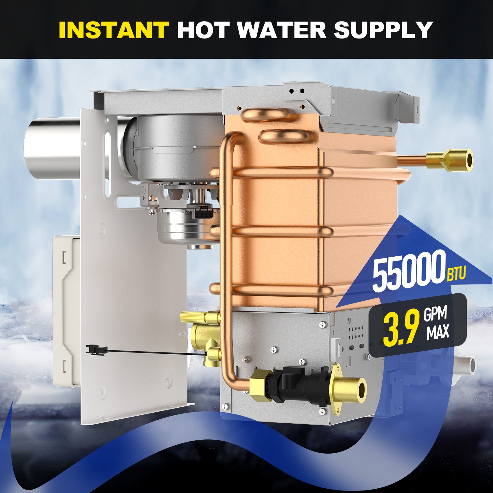 55000 BTU RV Tankless Water Heater Propane Gas 3.9GPM w/Controller Instant Hot
