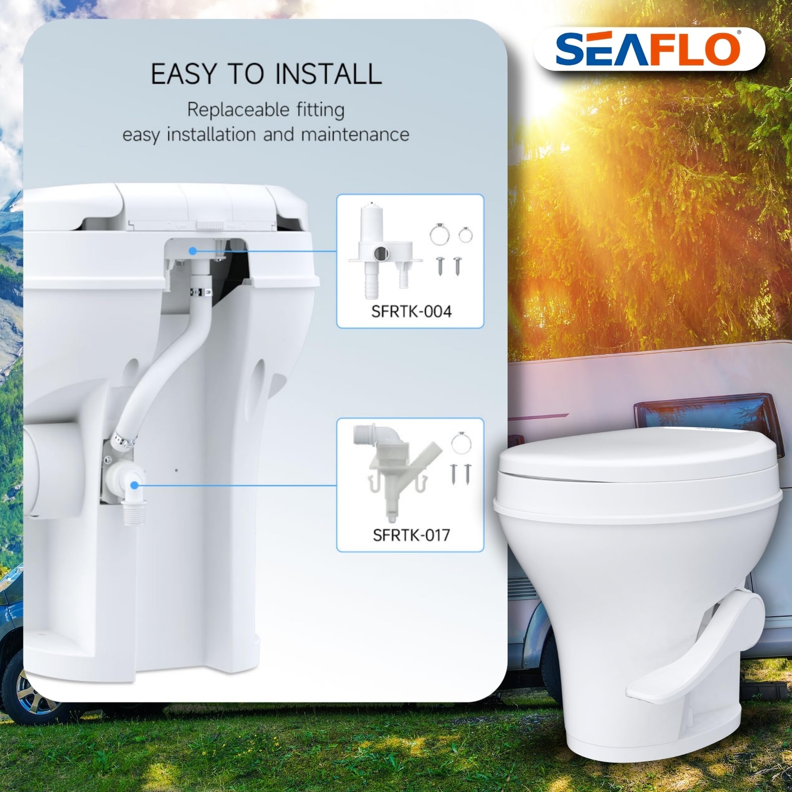 SEAFLO RV Toilet 18.5″ Standard Height Foot Pedal Soft Close 4-Year Warranty