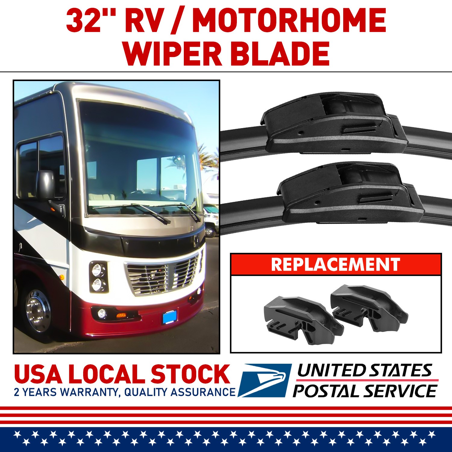High Quality Rubber 32″ All-season Silent Wiper Blade Pair For RV/Motorhomes NEW