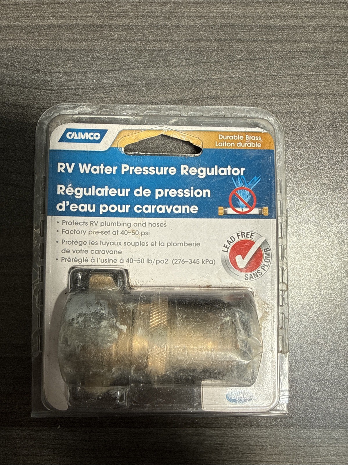 Camco #40055 – Brass RV Water Pressure Regulator – NEW.