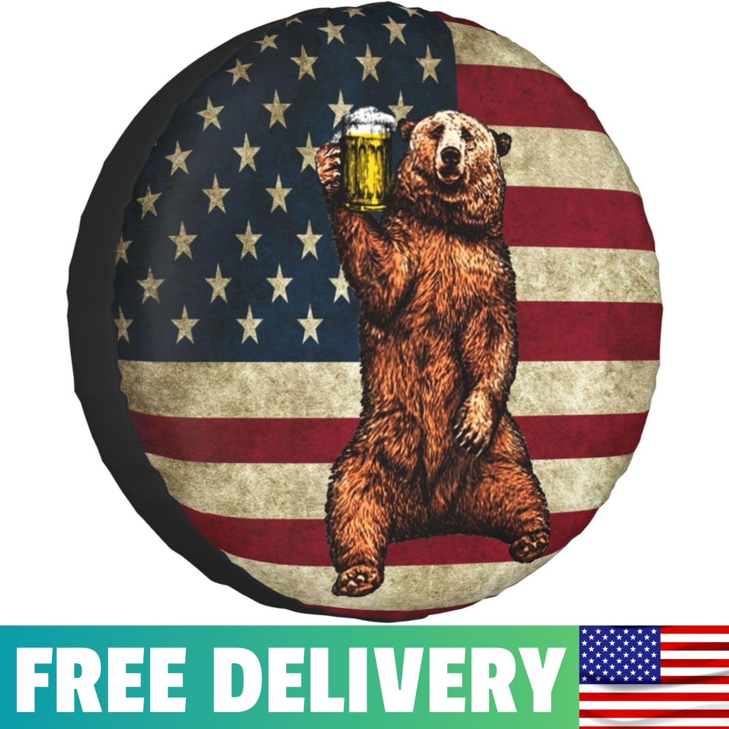 Happy Camper Bear Rv Spare Tire Cover For Trailers RV Wheel Covers American Flag