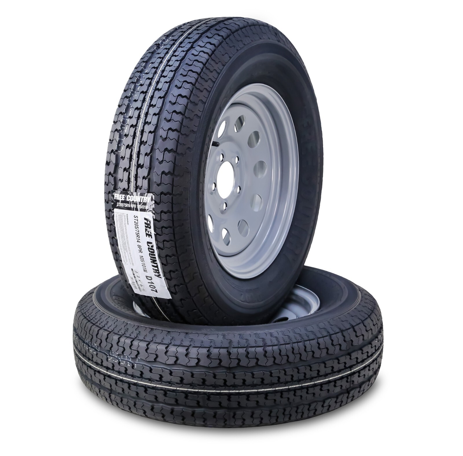 2 Free Country Trailer Tire Rim ST205/75R14 8-Ply D 105M 5 Lug x 4.5″ Silver Mod