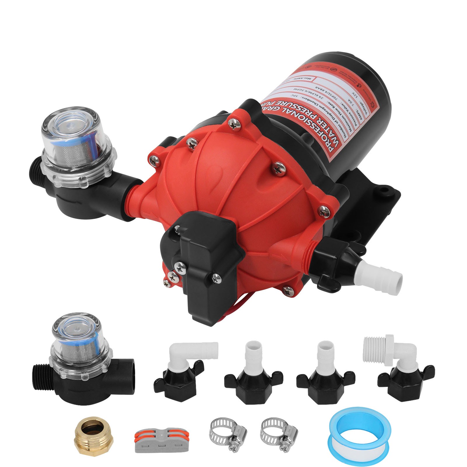 12V RV Water Pump 6.5GPM 70PSI 5-Chamber Diaphragm Pump Self-Priming Pump Boat
