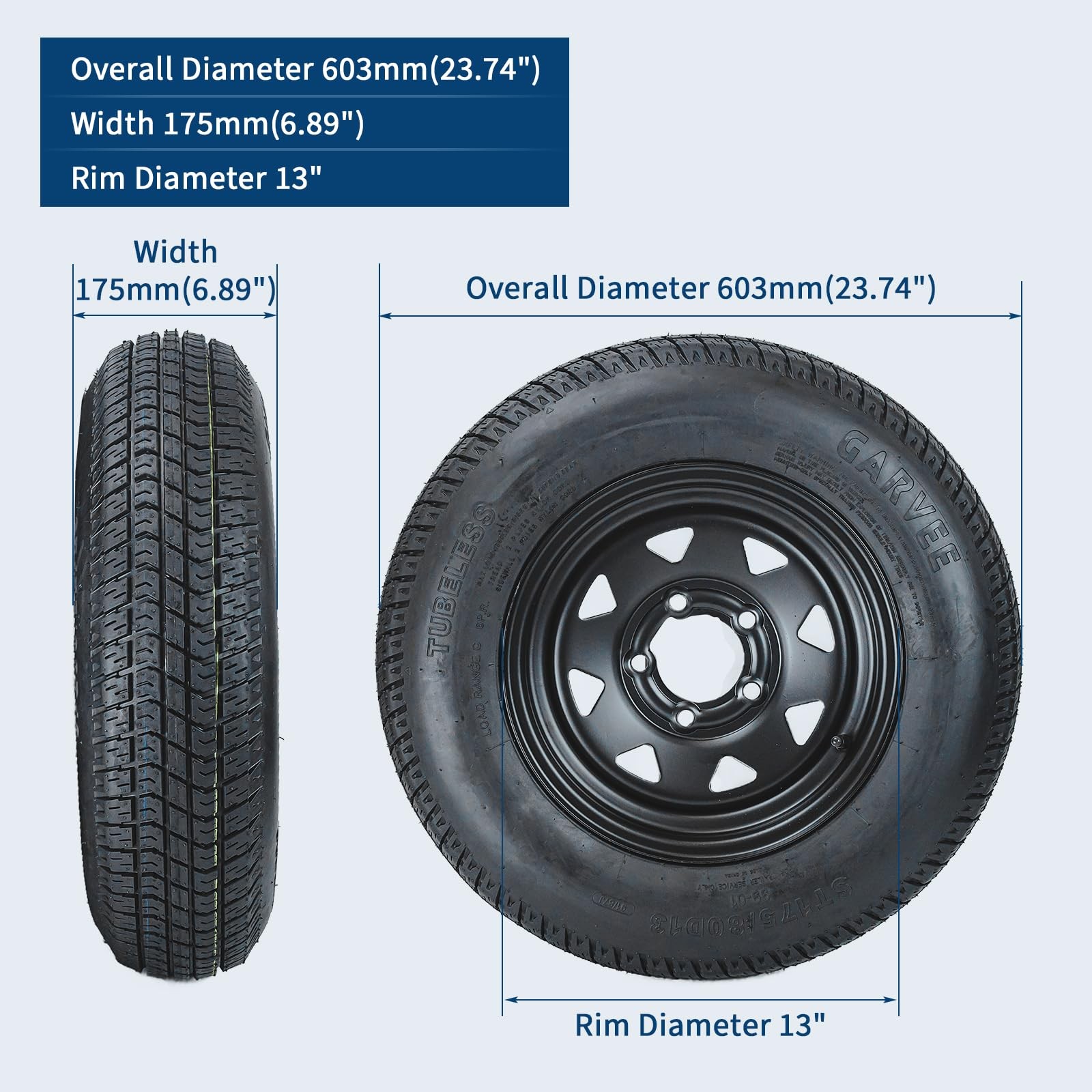2Pack Trailer Tire On 13″ Rim ST175/80D13 5 Lug on 4.5 in Load Range C 6PR